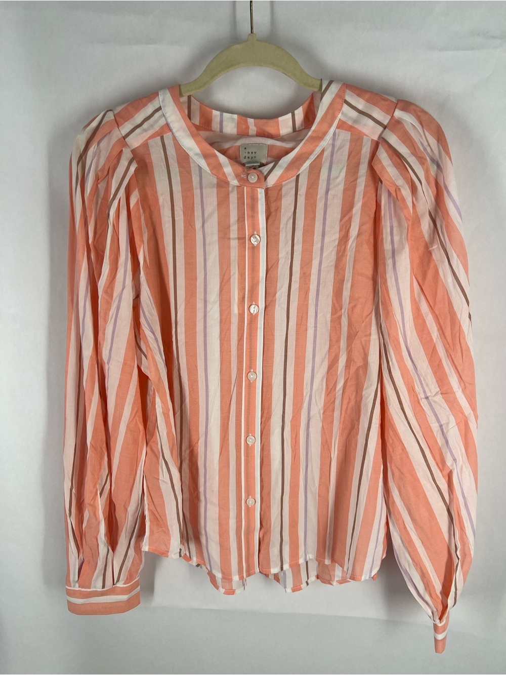 A New Day Multicolor Striped Puff Sleeve Button Front Blouse M NWT